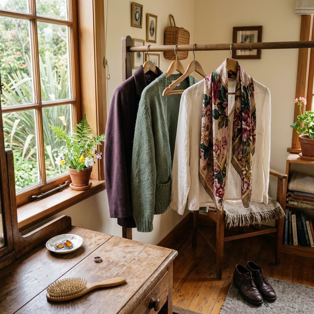 An AI-generated editorial wardrobe scene with a plum jacket, ivory blouse, floral scarf, sage knitwear and elegant practical shoes