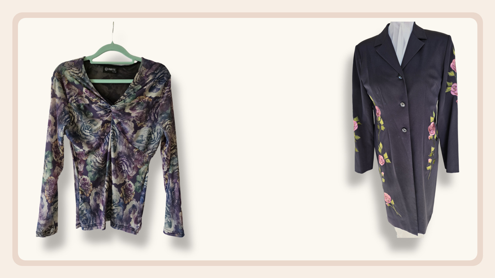 A floral Rose Bouquet top and a black silk coat embroidered with pink roses