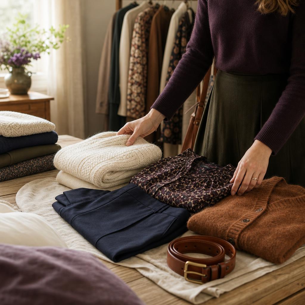 Hands sorting folded wardrobe pieces beside a rail of clothes in warm afternoon light